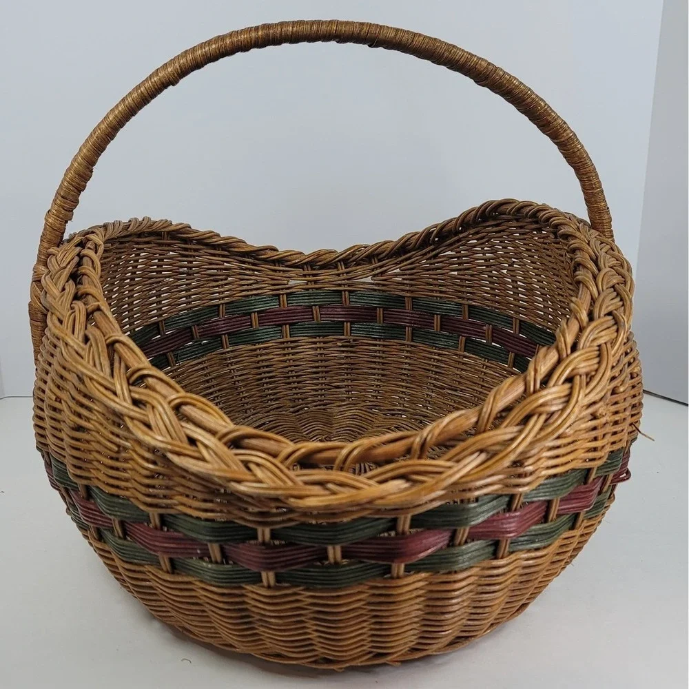 Large Wicker Basket Woven Picnic Garden Harvest Brown Green Burgundy 18in